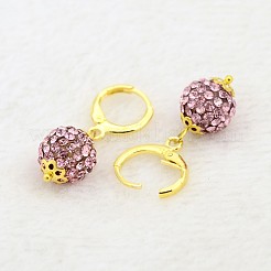 ダングリング丸いボール樹脂のラインストーンのピアス  金メッキ真鍮レバーバックフープピアスセッティング  ライトローズ  30mm  ピン：1mm&nbsp;EJEW-J080-27G