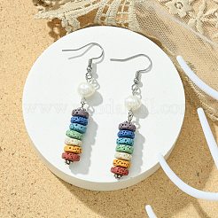 天然パール&染色溶岩石ディスクビーズダングルイヤリング  カラフル  61x8mm&nbsp;EJEW-JE05563