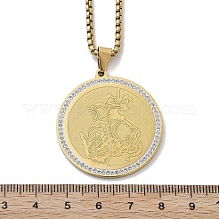 女性用ステンレススチールラインストーンペンダントネックレス201個  フラットラウンド  18KGP本金メッキ  23.50インチ（59.7cm）  ペンダント：37.8x34.8mm。&nbsp;NJEW-U021-03G