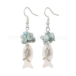 女性用シェル合金ペンダントドロップピアス  魚  天然ラリマーチップビーズ入り  ミックスカラー  55x10mm&nbsp;EJEW-JE07464