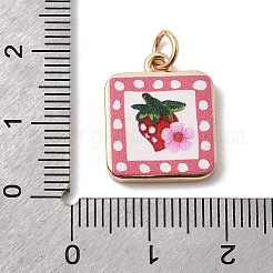 プリントブラスペンダント  花柄のチャーム付きイチゴ  ゴールドカラー  丸カン付き  正方形  17.5x15x3mm  穴：3.5mm&nbsp;KK-H253-05A-G01