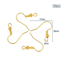 真鍮のピアスフック  耳ワイヤー  水平ループ付き  ゴールドカラー  18x17x0.8mm  穴：2mm  100個/セット&nbsp;KK-YW0001-28G
