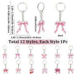 12個 12スタイルの蝶結びアクリルペンダントキーホルダー  鉄のスプリットキーリング付き  プラチナ  パールピンク  94~102mm  1個/スタイル&nbsp;KEYC-SP0001-55A