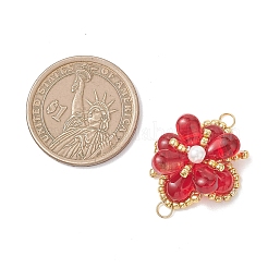 ガラスとシードビーズのリンクコネクターチャーム  ゴールドカラー  花  レッド  28x23x11mm  丸カン：4x0.5ミリ  2.8mm内径&nbsp;PALLOY-MZ01183-01