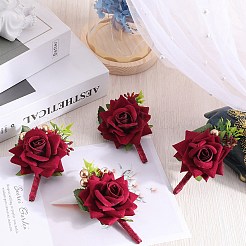 シルクブローチ4個  プラスチック製の模造花付き  結婚式のための  パーティーの装飾  ローズ  暗赤色  109x78x45mm  ピン：0.7mm&nbsp;AJEW-CP0007-51