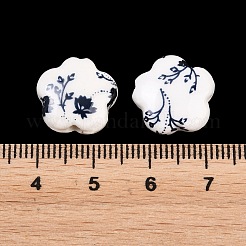 花柄プリントの磁器ビーズ  花柄のセラミックビーズ  花  マリンブルー  14x15x6mm  穴：3mm&nbsp;X-PORC-Q166-1