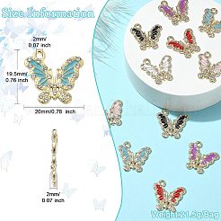 12 個 6 色のゴールデン合金、ラインストーンペンダント  エナメル  蝶のチャーム  ミックスカラー  19.5x20x2mm  穴：2mm  2個/カラー&nbsp;FIND-CJ0001-79