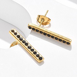 304ステンレススチールスタッドピアス  ラインストーン付き  イオンプレーティング（ip）  長方形  18KGP本金メッキ  22x3.5mm&nbsp;EJEW-F361-05G
