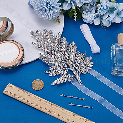 亜鉛合金＆ラインストーンヘアピンセット1袋  葉  結婚式の花嫁用品のリボン付き  銀  180x100x5mm  1袋 /セット&nbsp;AJEW-FG0005-21