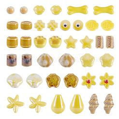 40個 20種類の手作り磁器ビーズ  光沢釉の磁器  混合図形  きいろ  6~20x6~20x5~11mm  穴：1.5~3.5mm  2個/スタイル&nbsp;PORC-TA0001-44