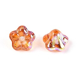 電気メッキ透明ガラスビーズ連売り  ペチュニアの花  ABカラーメッキ  ダークオレンジ  5.5~6.5x8~8.5x8~8.5mm  穴：1~1.2mm  約100個/連  21.26~21.65インチ（54~55cm）&nbsp;EGLA-N055-03A-04