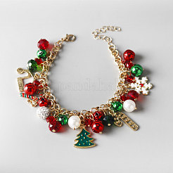 クリスマス合金エナメルチャームブレスレット  女性のためのガラスビーズのブレスレット  ラインストーン＆プラスチック付き  クリスマスツリー  7-1/2インチ（19cm）&nbsp;FS-WGFB03E-04