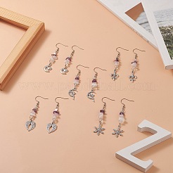 天然混合ジェムストーンチップを使用した合金チャームダングルイヤリング  女性用304ステンレススチールロングドロップイヤリング  アンティークシルバー  70~78mm  ピン：0.5mm&nbsp;EJEW-JE05225