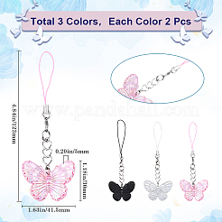 蝶のアクリル携帯ストラップ 6色3個  合金リンク付き  ミックスカラー  123mm  2個/カラー&nbsp;AJEW-GF0009-11