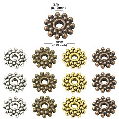 100 個 4 色ギアチベットシルバー合金スペーサービーズ  粒状ビーズ  ミックスカラー  9mm  穴：2.5mm  25個/カラー&nbsp;TIBEB-YW0001-66