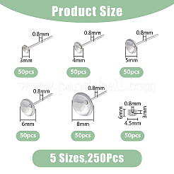 250個 5サイズ 304ステンレススチールポストスタッドピアス金具  プロングイヤリングのセッティング  250個のイヤーナット付き  ステンレス鋼色  3~8mm  ピン：0.8mm  50pcs /サイズ&nbsp;STAS-DC0014-85
