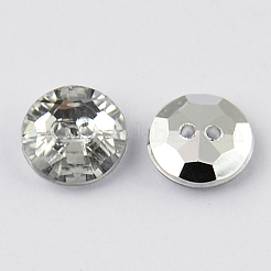 2つ穴台湾アクリルラインストーンフラットラウンドボタン  ファセット＆シルバーメッキ  ホワイト  10x4mm  穴：1mm&nbsp;BUTT-F015-10mm-02