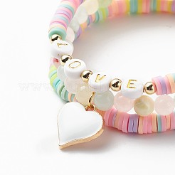 3 個 3 スタイル ナチュラル カラフルなグリーン ジェイド & アクリル単語愛ビーズ ストレッチ ブレスレット セット合金エナメル ハート チャーム  ポリマークレイ ヘイシ サーファー プレッピー ブレスレット 女性用  内径：2-1/8~2-1/4インチ（5.3~5.7cm）  1個/スタイル&nbsp;BJEW-JB08924-01