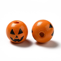 ハロウィンテーマのプリント天然木製ビーズ  カボチャ柄のラウンド  オレンジ  16x14.5mm  穴：3.5mm&nbsp;X-WOOD-L020-C04