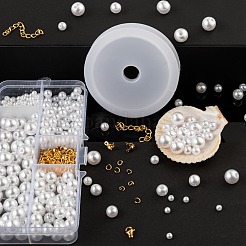 キットを作るDIYジュエリーセット  ABSプラスチックイミテーションパールビーズを含む  304ステンレススチールの丸カンとロブスタークロウ留め金とボールチープ  鉄のツイストチェーン  弾性結晶  ゴールドカラー  ビーズ：300PCS&nbsp;DIY-FS0001-13G
