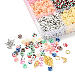 2600個のディスク/フラットラウンドポリマークレイビーズ  10個のヒトデと葉のccbプラスチックと合金のペンダント  10個の楕円形のシェルビーズ  亜鉛合金の留め金  鉄のパーツと弾性糸  DIYジュエリー作成キット用  ミックスカラー  ポリマークレイビーズ：2600個/セット&nbsp;DIY-YW0003-03