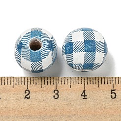 プリントウッドヨーロピアンビーズ  タータン模様のラウンド  スチールブルー  15.5~16mm  穴：4~4.5mm&nbsp;WOOD-G022-13D