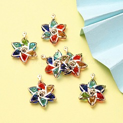 6 個ラックメッキ鉄ガラスペンダント  ライトゴールドトーンのフラワーチャーム  ミックスカラー  29x21x6mm  穴：1mm&nbsp;IFIN-YW0001-52