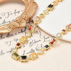 真鍮のカラフルなキュービックジルコニアカップチェーン楕円形と長方形のネックレス（女性用）  ゴールドカラー  17.56インチ（44.6cm）&nbsp;NJEW-M079-05G