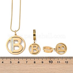 フラットラウンド、文字b 304 ステンレススチールペンダントネックレス & フープピアスジュエリーセット  ポリマークレイラインストーン付き  イオンプレーティング（ip）  ゴールドカラー  15.55インチ（39.5cm）&nbsp;SJEW-L177-08G