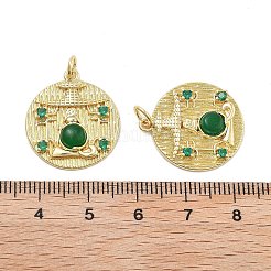 ラックメッキ真鍮グリーンキュービックジルコニアペンダント  天然瑪瑙（染色・加熱）の丸型フラットチャーム（丸カン付き）  長持ちメッキ  カドミウムフリー＆鉛フリー  18KGP本金メッキ  22x19.5x3.5mm  穴：3mm&nbsp;KK-Q006-34G