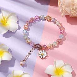 8mm 丸型電気メッキクラックルガラスビーズストレッチブレスレット  女性用模造オーストリアクリスタル＆合金エナメルフラワーチャームブレスレット  カラフル  内径：2-1/2インチ（6.4cm）&nbsp;BJEW-JB10534-02