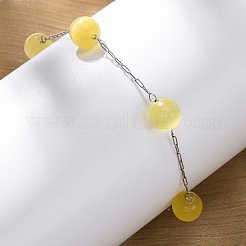 304ステンレススチールアズキチェーンブレスレット  女性用キャットアイビーズブレスレット  きいろ  7-1/4インチ（18.3cm）&nbsp;BJEW-C094-01P-03
