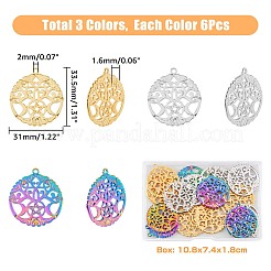 18個3色304ステンレスペンダント  月と星のツリーが付いたフラットラウンド  ミックスカラー  33.5x31x1.6mm  穴：2mm  6個/カラー&nbsp;STAS-DC0011-73