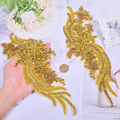 花と葉のガラスラインストーン刺繍布縫い付けアップリケ  ミシンクラフト装飾  ライトカーキ  355x110x9.5mm&nbsp;PATC-WH0008-131