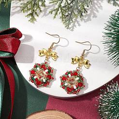 クリスマステーマの花のガラスシードビーズダングルイヤリング（女性用）  合金の蝶結び金具付き  ゴールドカラー  56.5x26mm&nbsp;EJEW-MZ00205