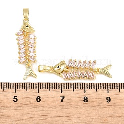 真鍮ピンクキュービックジルコニアペンダント  魚の骨の形をしたチャーム  18KGP本金メッキ  29x9.5x3mm  穴：4.5x2mm&nbsp;KK-E800-05A-G