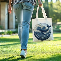 キャンバスレディーストートバッグ  ハンドル付き  ショッピング用ショルダーバッグ  長方形  魚  38x40cm&nbsp;ABAG-WH0056-002