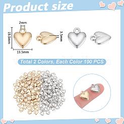 200個 2色 CCB プラスチックペンダント  ハートチャーム  プラチナ·ゴールデン  15.5x13.5x3.5mm  穴：2mm  100個/カラー&nbsp;CCB-UN0001-05
