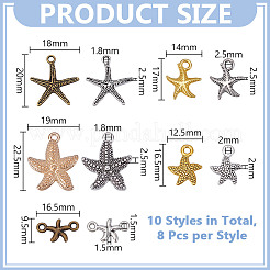 80個 10スタイル DIY ヒトデ チベットスタイル 合金ペンダント & リンク コネクター チャーム ファインディングキット  ミックスカラー  9.5~22.5x12.5~19x1.5~2.5mm  穴：1.5~2.5mm  8個/スタイル&nbsp;FIND-HY0004-63