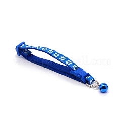 足跡模様調節可能なポリエステル犬/猫の襟  ペット用品  鉄の鐘とプラスチックのバックル付き  ブルー  20.5~34.4x1.1cm&nbsp;AJEW-WH0023-34B
