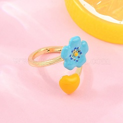 女性用真鍮カフオープンリング  花  エナメル  カドミウムフリー＆鉛フリー  ラックめっき  長持ちメッキ  18KGP本金メッキ  ディープスカイブルー  usサイズ7 1/4(17.5mm)&nbsp;KK-CBA17E5-03G-02