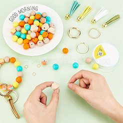 DIYビーズキーホルダーリストレット作成キット  シリコンラウンド＆未完成ウッドビーズを含む  真鍮製スエードタッセル  合金スプリットキーリング＆スプリングゲートリング  伸縮性のある糸  ミックスカラー&nbsp;DIY-CA0004-43