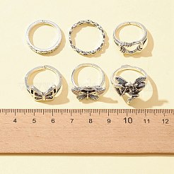 6 個 6 スタイルバタフライ & ハート & チェーン形状合金スタッカブルリングセット  女性のためのゴシックジュエリー  アンティークシルバー  内径：16~17.3mm  1個/スタイル&nbsp;RJEW-FS0001-05A
