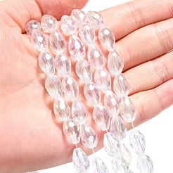 1連売り電気メッキガラスファセットティアドロップビーズ連売り  ABカラーメッキ  クリアAB  12x8mm  穴：1mm  60個/連  27.1インチ&nbsp;X-EGLA-D015-12x8mm-01