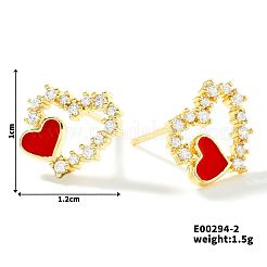 絶妙な中空ハートの真鍮スタッドピアス  クリアキュービックジルコニア  ゴールドカラー  10x12mm&nbsp;QC9695-2