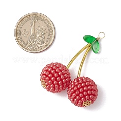 ABSプラスチックパール調ペンダント  チェリー  金色の真鍮チューブとアクリル  レッド  51x40x19.5mm  穴：3.2mm&nbsp;PALLOY-JF03836