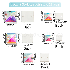 75個、5つのスタイルのスクエアシェイプ、ラインストーンの縫い付け  ガラスラインストーン  衣料品アクセサリー  2穴リンク  フラットバック＆バックメッキ  クリスタルAB  8~16x8~16x3.5~5.5mm  穴：0.9~1mm  15個/スタイル&nbsp;GLAA-GA0001-60B