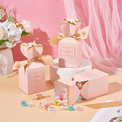 ポリエステルリボン付きウェディングペーパーキャンディギフト包装箱  結婚式用の折りたたみ収納ボックス  長方形  ピンク  4.9x4.9x12cm&nbsp;CON-WH0105-07