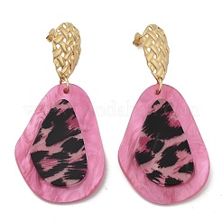 304ステンレススチールヒョウスタッドピアス  アクリルと  ショッキングピンク  74x35mm&nbsp;EJEW-Z084-14G-03