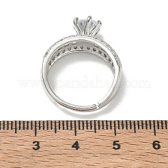 ラウンドキュービックジルコニアを中央に、バゲットカットのアクセントをあしらった、女性向けの調節可能な真鍮製指輪  長持ちメッキ  プラチナ  ラウンド：8x6mm  内径：17mm&nbsp;CU-CBA7E55-16P